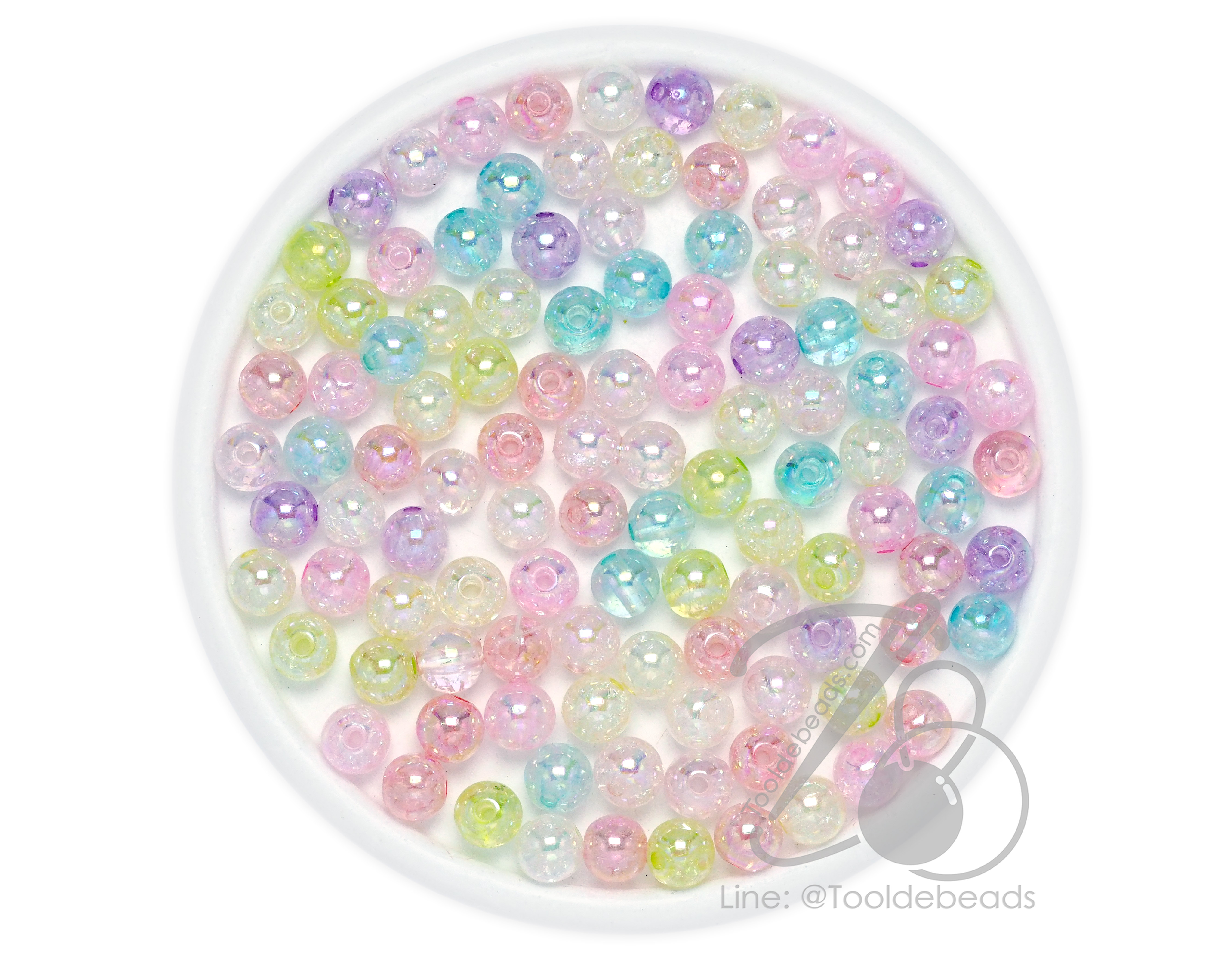ลูกปัดพลาสติก เคลือบรุ้งหิมะ 8มม. ทรงกลม คละสีอ่อน (80 กรัม) SKU-17399