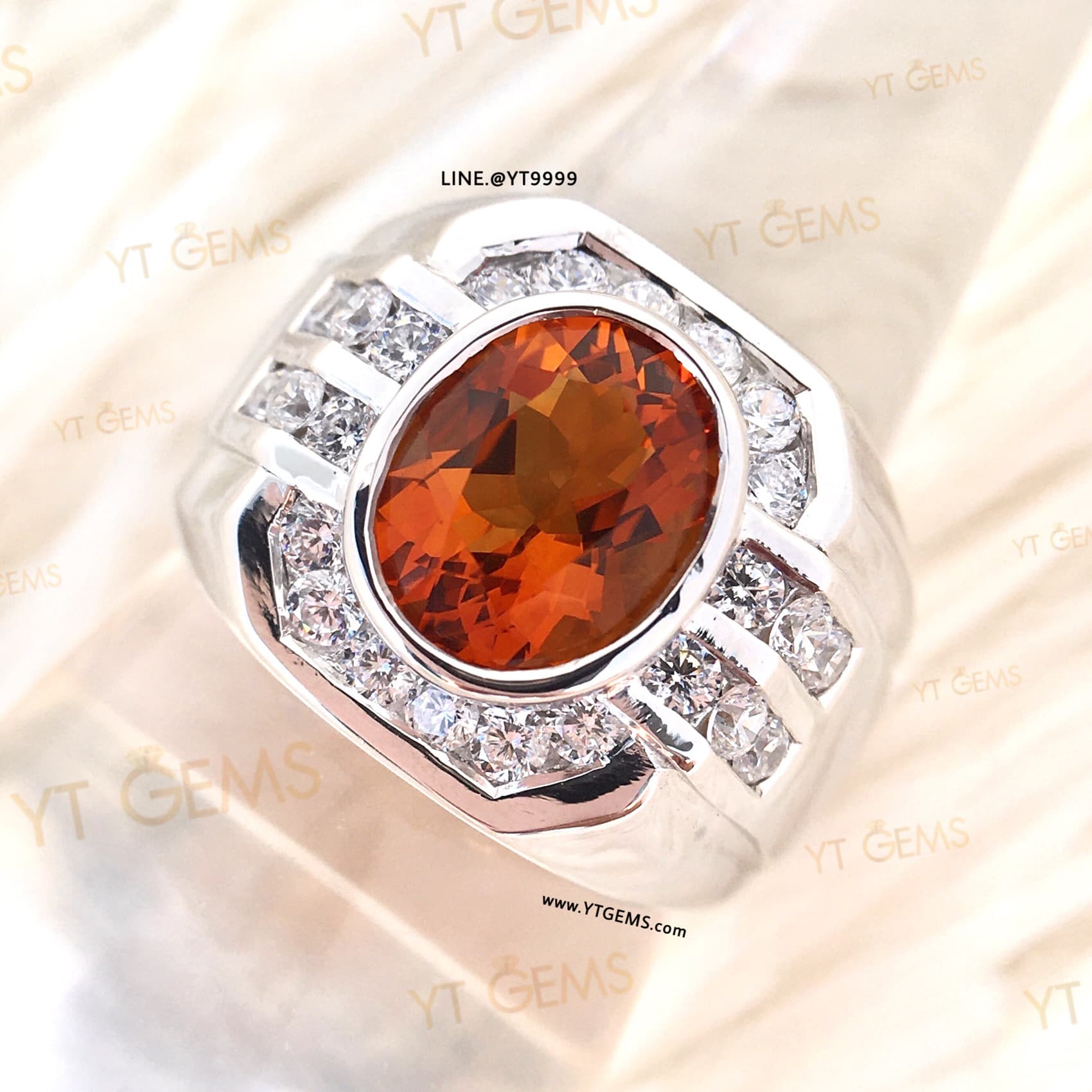 แหวนซิทรินสีส้ม ล้อมเพชร แหวนเงินแท้ ชุบทองคำขาว พลอยซิทรินแท้ YTG-8188 YTGEMS