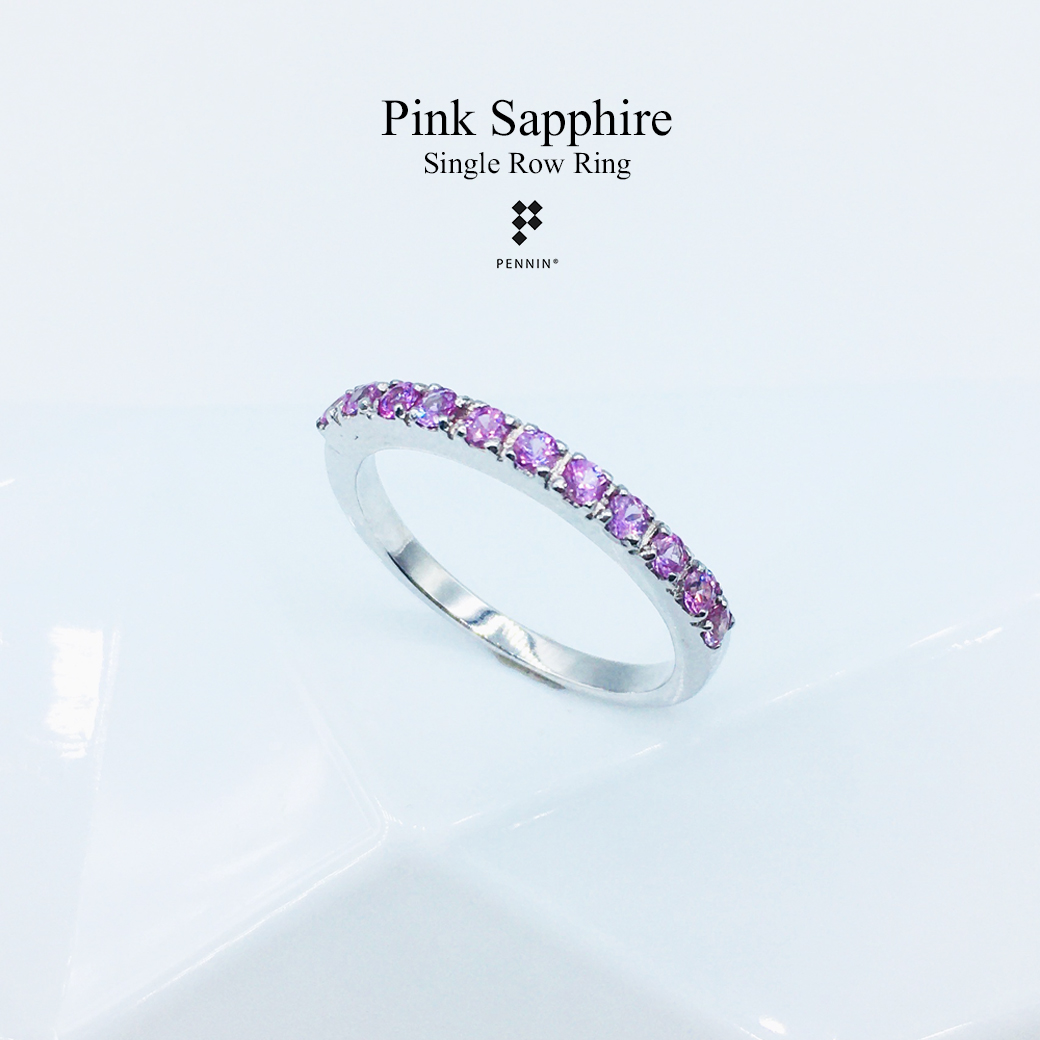 แหวนแถว Pink Sapphire : Single Row Ruby Ring พลอยทับทิมสีชมพูอ่อนสวยหวาน เงินแท้ 925 ชุบทองขาว