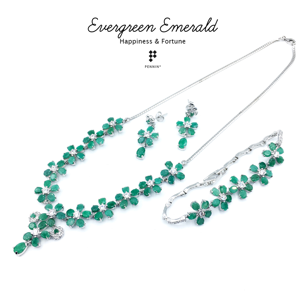 Evergreen Jewelry Set: ชุดเครื่องประดับมรกต สร้อยคอ สร้อยข้อมือ ต่างหู มรกตแท้แซมเบีย เงินแท้ 925 ชุบทองคำขาว