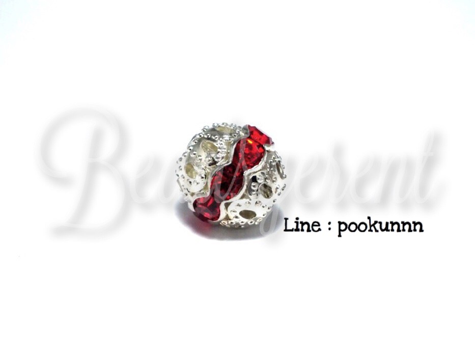 ลูกปัดเงินฝังเพชร 10มม. เส้นเดี่ยว สีแดงอมส้ม (1 ชิ้น) SKU-01565