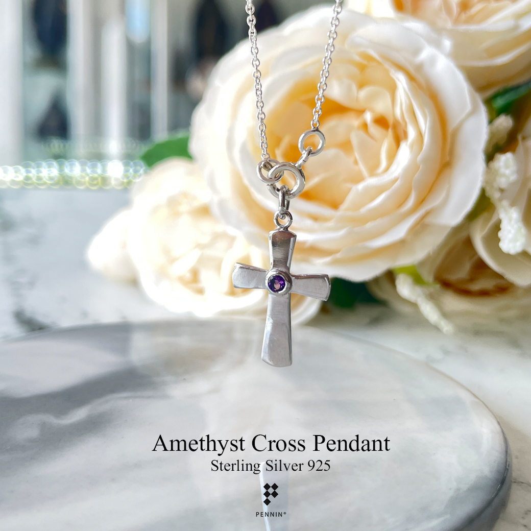 จี้กางเขนเรียบฝังหุ้ม Amethyst 2.5mm เม็ดเดียว