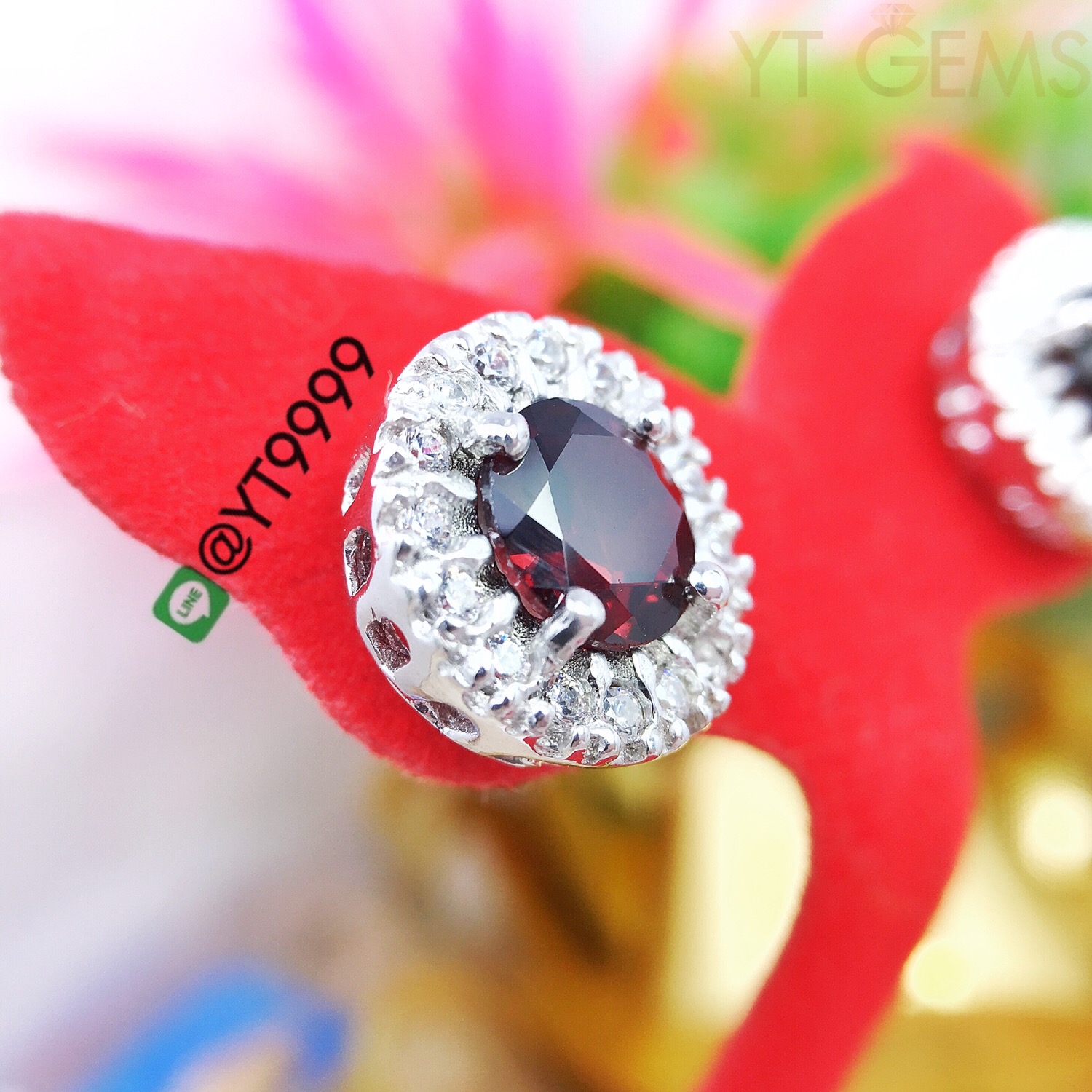 ต่างหูเงินแท้92.5% ชุบทองคำขาว พลอยโกเมน ประดับเพชรSwiss YTG-3221 YTGEMS