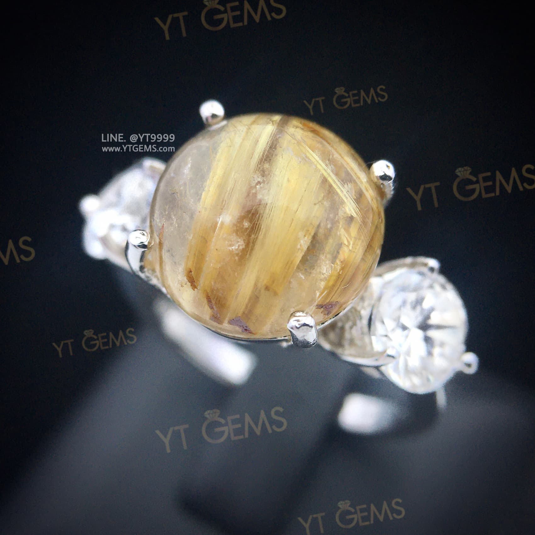 แหวนแก้วไหมทอง ข้างเพชร แหวนเงินแท้ ชุบทองคำขาว แก้วไหมทองแท้ YTG-11672 YTGEMS