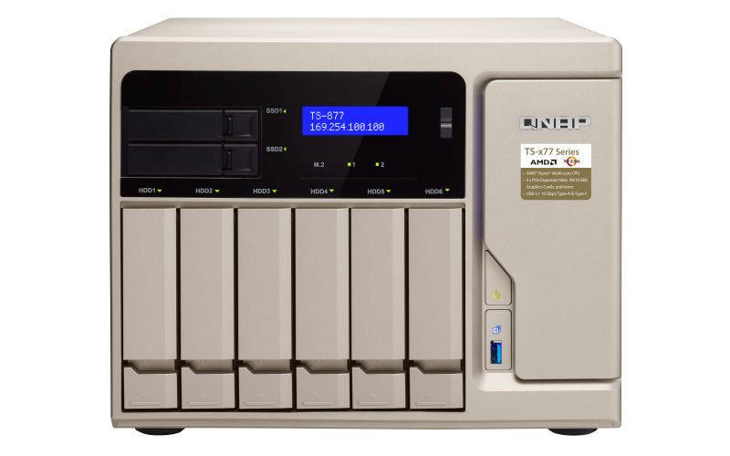 TS-877 The first Ryzen™-based NAS with up to 8 cores and 16 threads and graphics card support to redefine your virtualization and 4K processing experiences