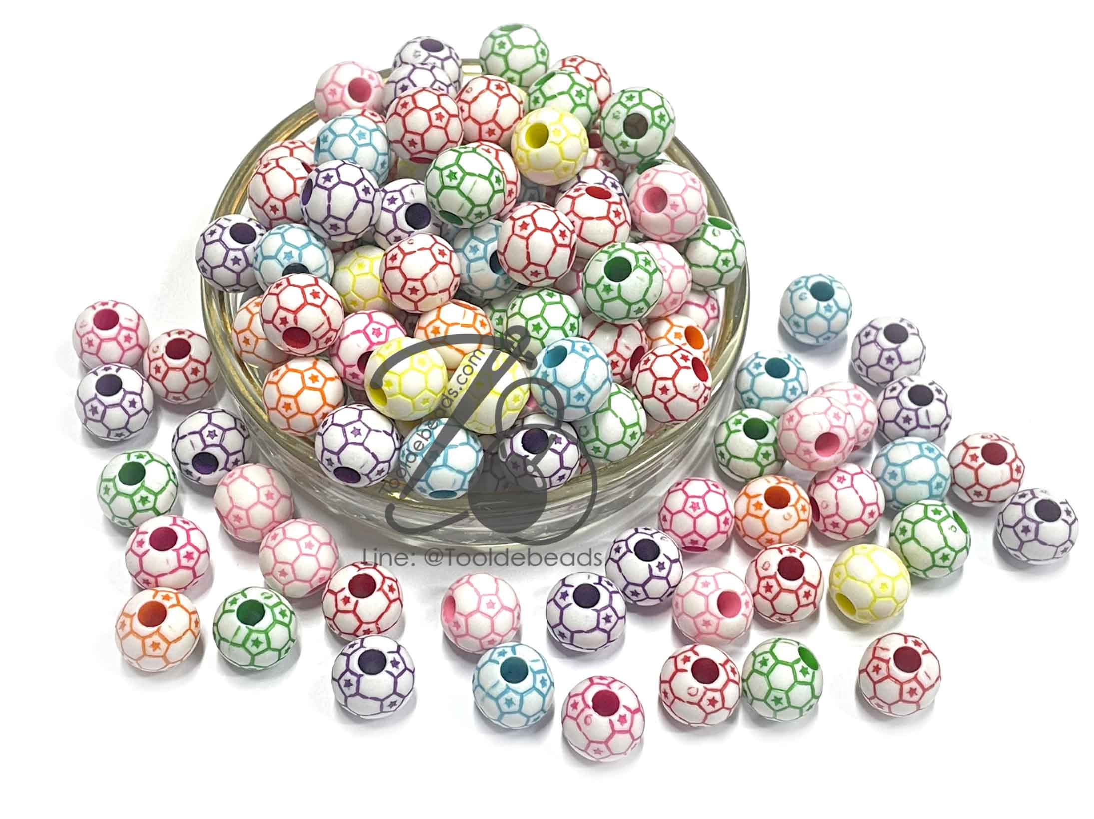 ลูกปัดอะคริลิค 11มม. ลายลูกบอล พื้นขาว เพ้นท์คละสี (15 กรัม) SKU-12928