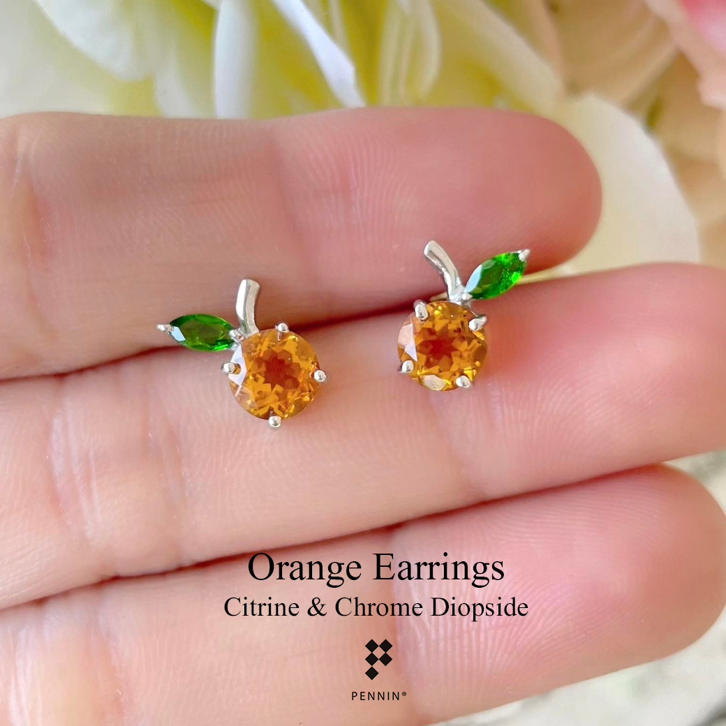 ต่างหูส้ม ซิทริน (Citrine) แซมใบ พลอยกรีนโครมไดออฟไซด์ (Chrome Diopside) สวยน่ารัก เงินแท้ 925 ชุบทองคำขาว