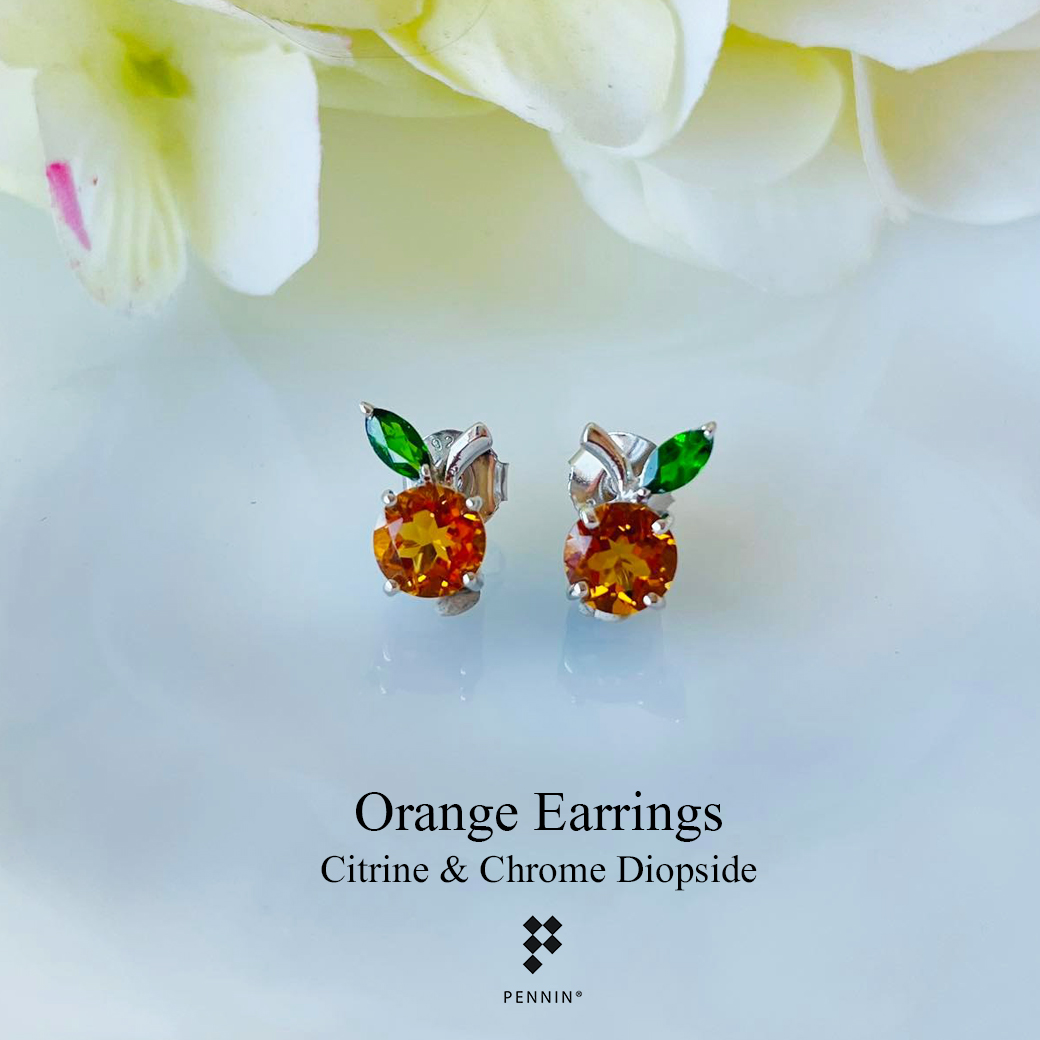 ต่างหูส้ม ซิทริน (Citrine) แซมใบ พลอยกรีนโครมไดออฟไซด์ (Chrome Diopside) สวยน่ารัก เงินแท้ 925 ชุบทองคำขาว