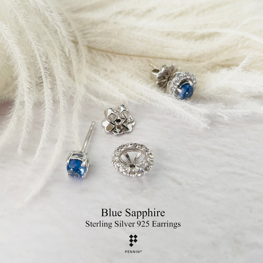 E22820 ต่างหูไพลิน หลังเบี้ย กลม 4mm ล้อมเพชร CZ ถอดได้ แบบเสียบ เงินชุบทองคำขาว