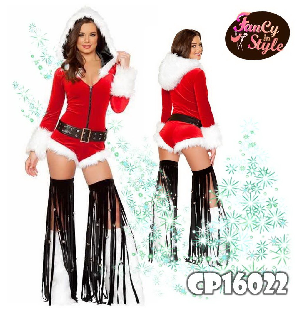 Santa Playsuit Costume/ชุดซานตี้เพลย์สูทขาสั้น แขนยาว ทำด้วยผ้ากำมะหยี่สีแดง มีหมวกฮู้ต