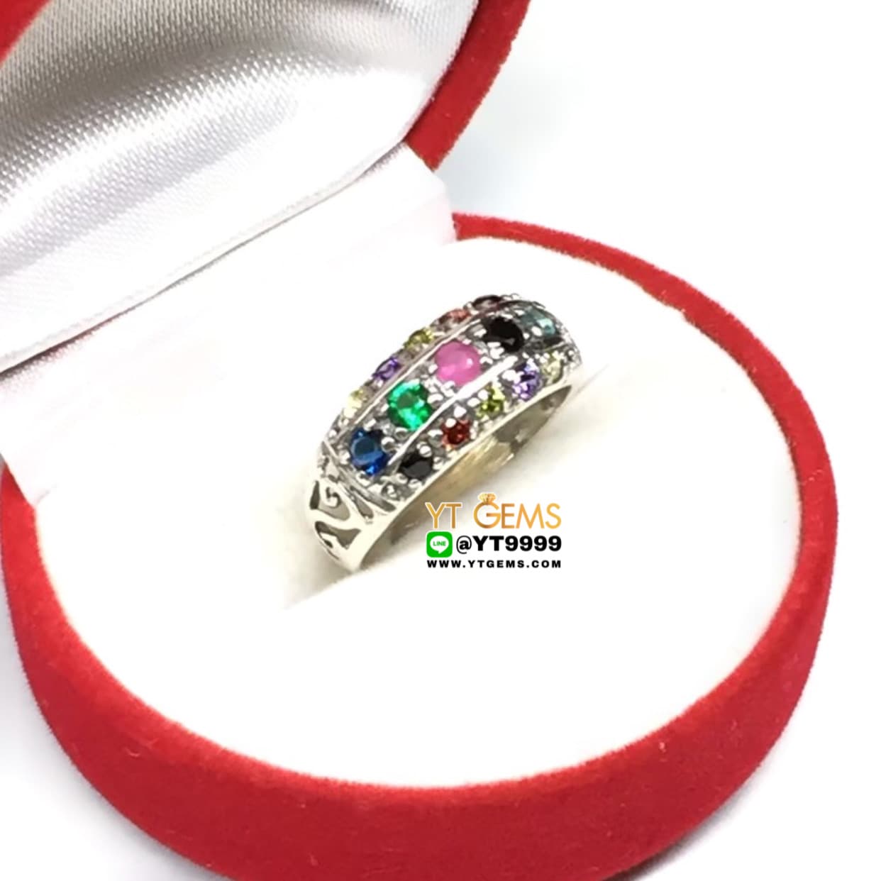 แหวนแถว นพเก้า พลอยหลากสี แหวนเงินแท้ รมดำ พลอยหลากสี (CZ) YTG-4421 YTGEMS