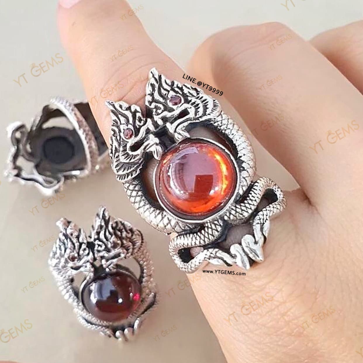 แหวนพญานาคคู่ โอบมณีสีแดง โกเมน แหวนเงินแท้ รมดำ พลอย(CZ) YTG-11475 YTGEMS