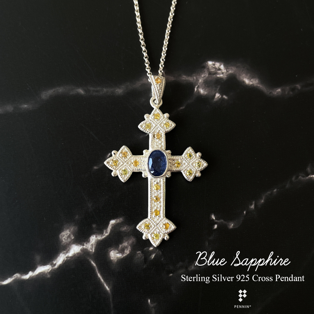กางเขนพลอยไพลิน (Blue Sapphire) 7x5mm ปลาย3แฉก แซมบุษราคัม 1.5mm 19 เม็ด ขนาด 2.8x4cm