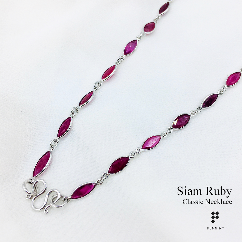 สร้อยคอทับทิมสยาม หรือ ทับทิมจันทบุรี ทรงมาคี 7x5mm หุ้มผ่าหวายเงินแท้ 92.5% ชุบทองขาว ยาว 24" สวย คลาสสิก