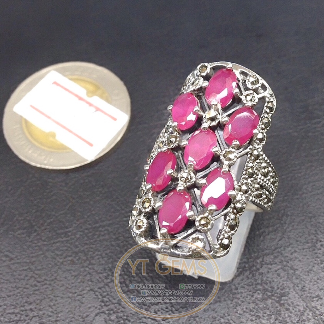 แหวนทับทิม แหวนเงินแท้92.5% รมดำ พลอยทับทิมชาตั้ม ตกแต่งแมกกาไซต์ YTG-4496 YTGEMS
