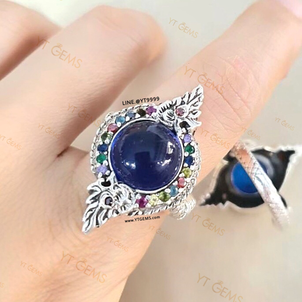 แหวนบ่วงนาคบาศ โอบมณีสีน้ำเงิน ไพลิน(CZ) ล้อมนพเก้า(CZ) แหวนเงินแท้ รมดำ YTG-11481 YTGEMS