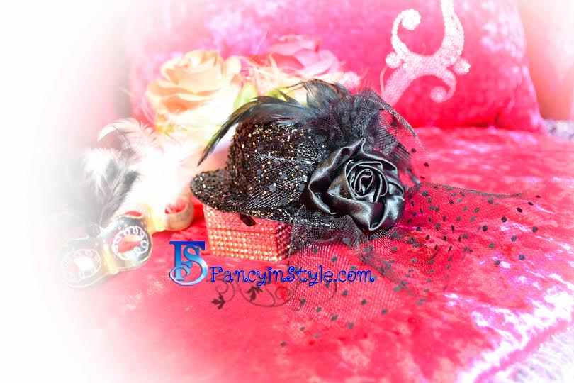 Headpiece กิ๊บรูปหมวกแต่งขนนกและดอกไม้สีดำ