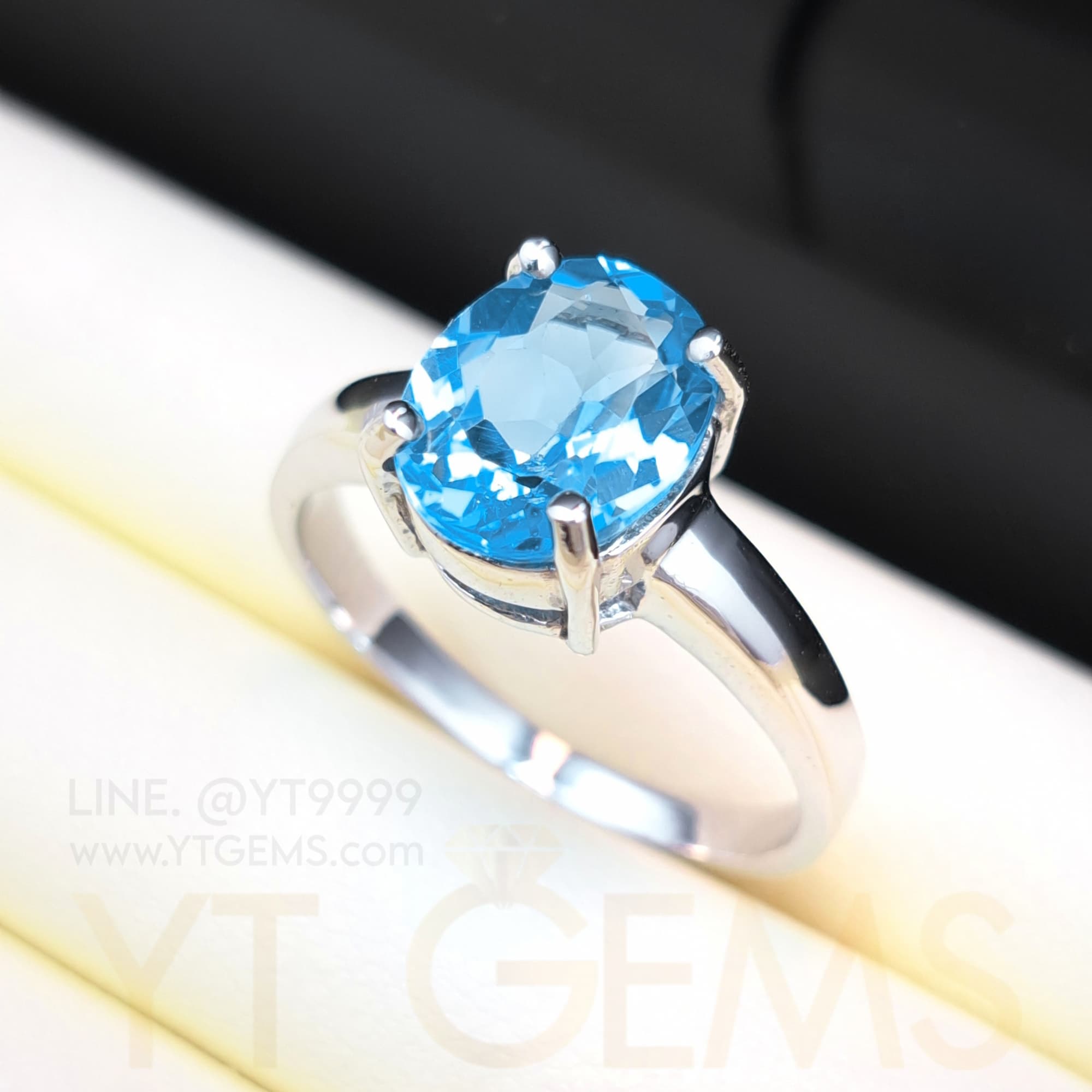 แหวนสวิสบลูโทแพซ แหวนเงินแท้ ชุบทองคำขาว พลอยแท้ YTG-11843 YTGEMS
