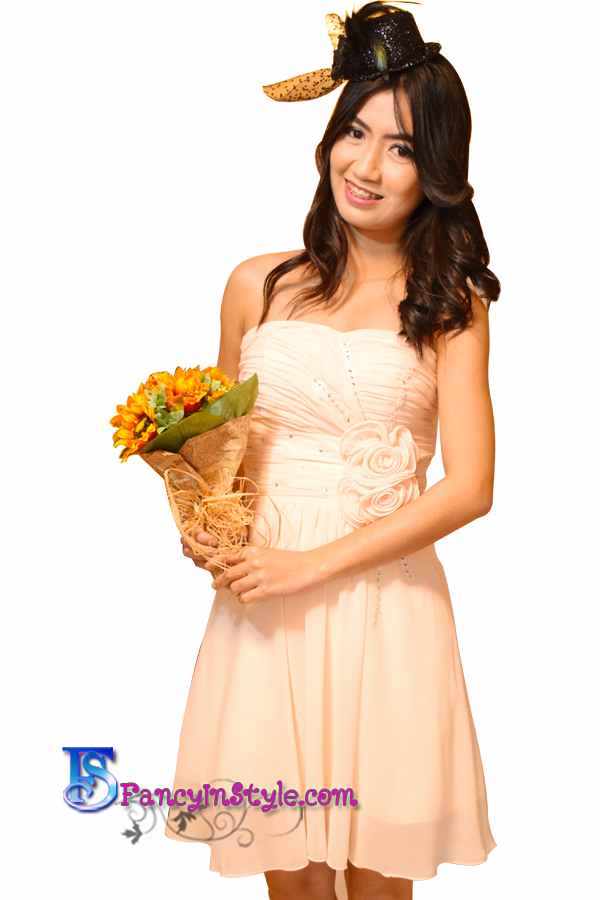 Short Dress ชุดราตรีสั้นสีครีมอมชมพู/ชุดเดรสสั้น/ชุดออกงาน/ชุดไปงานแต่ง