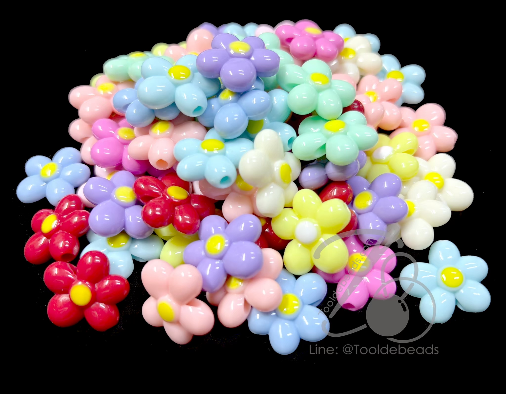 ลูกปัดอะคริลิค 20มม. ลายดอกเดซี่ สีหวาน (50 กรัม) SKU-18379