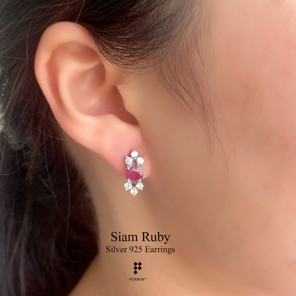 ต่างหูทับทิมจันทบุรี เผาเก่า Ruby Earrings แซมเพชร CZ แบบสวยหรู ใส่ติดหูได้ทุกโอกาส