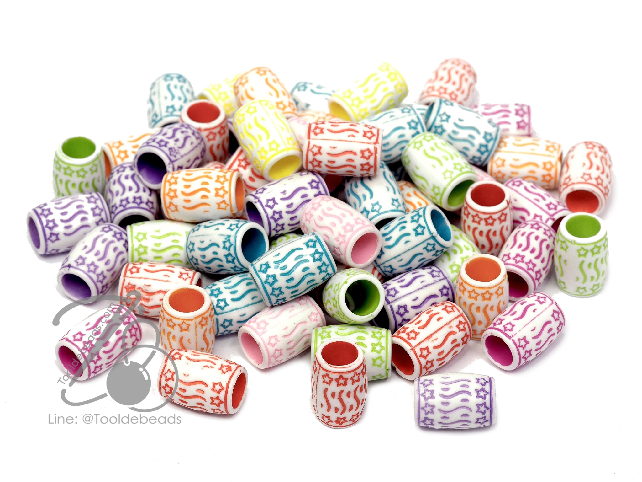 ลูกปัดอะคริลิค 9*15มม. ลายกระบอกอ้วน พื้นขาว เพ้นท์สี (15 กรัม) SKU-09911