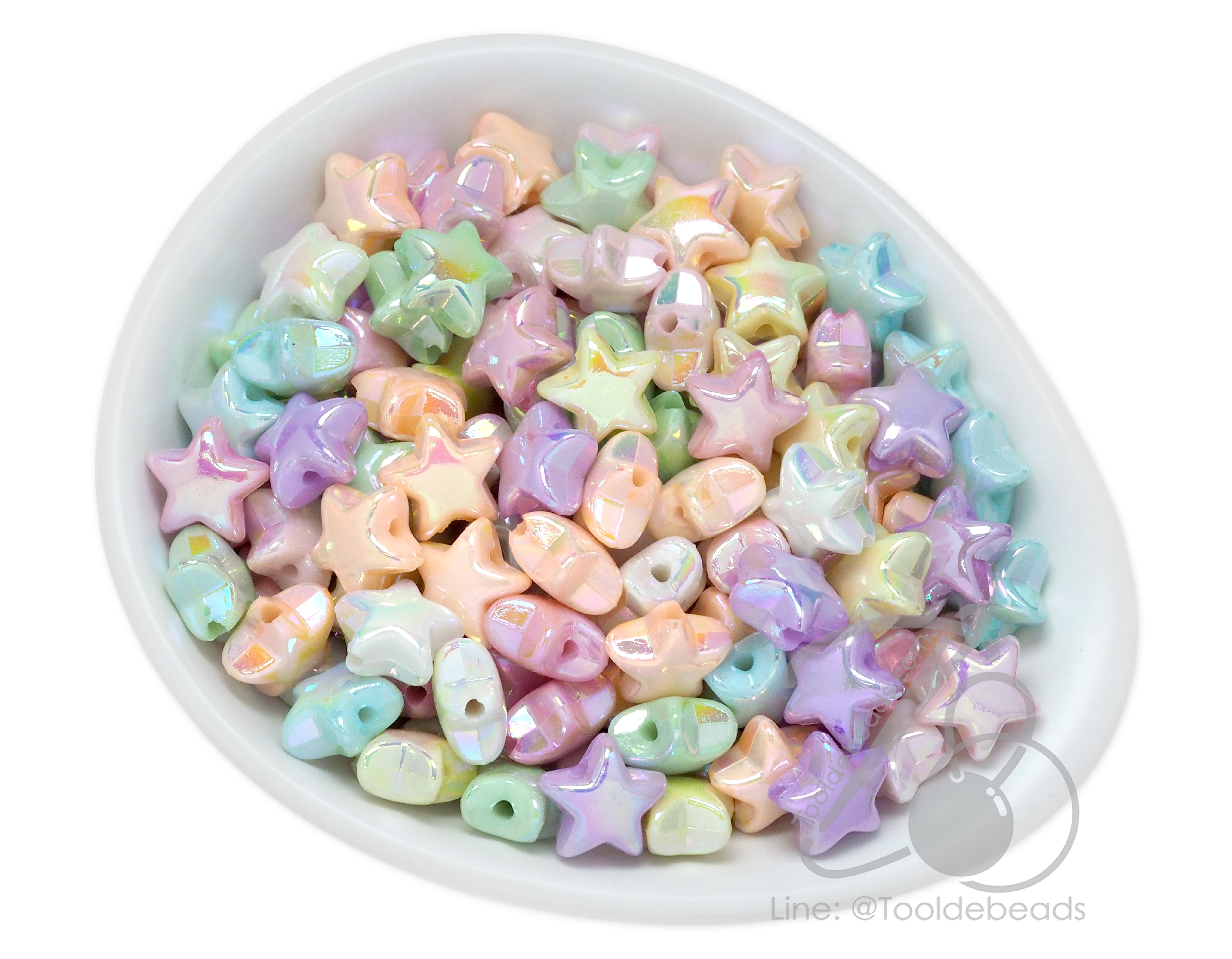 ลูกปัดพลาสติก เคลือบรุ้งหวาน 12มม. ลายดาว คละสี (10 กรัม) SKU-17194