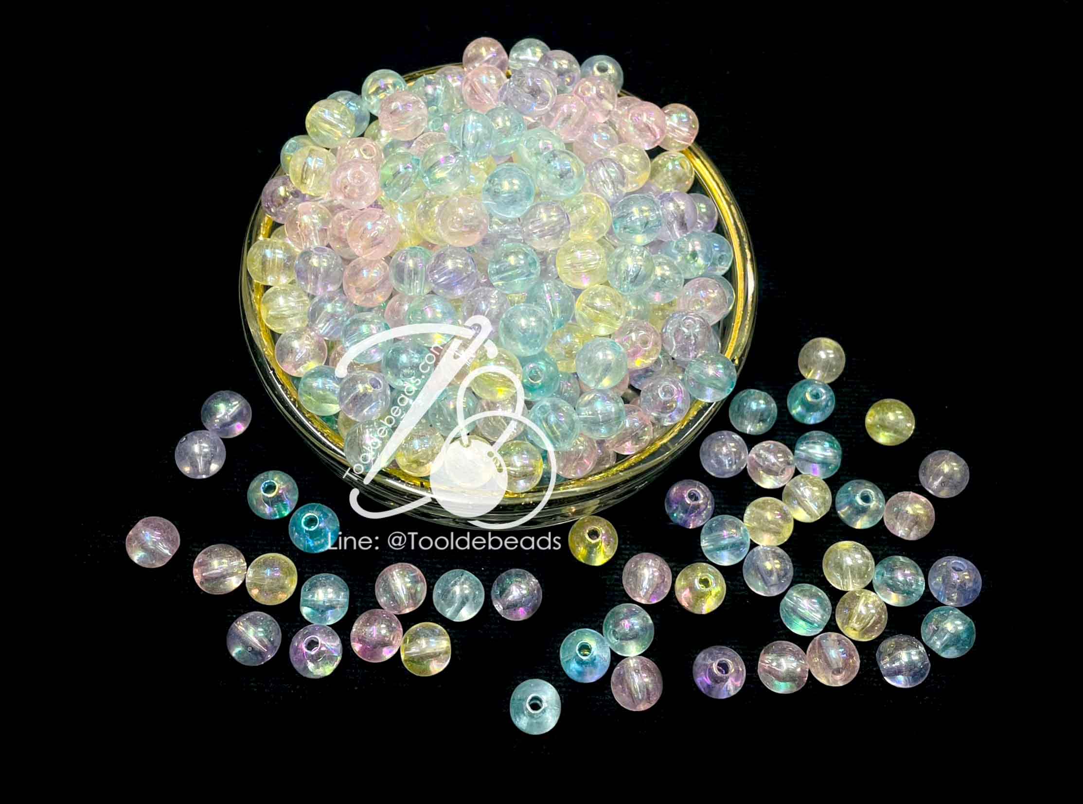 ลูกปัดพลาสติก เคลือบรุ้ง 6มม. ทรงกลม คละสีรุ้งใส (500 กรัม) SKU-13013