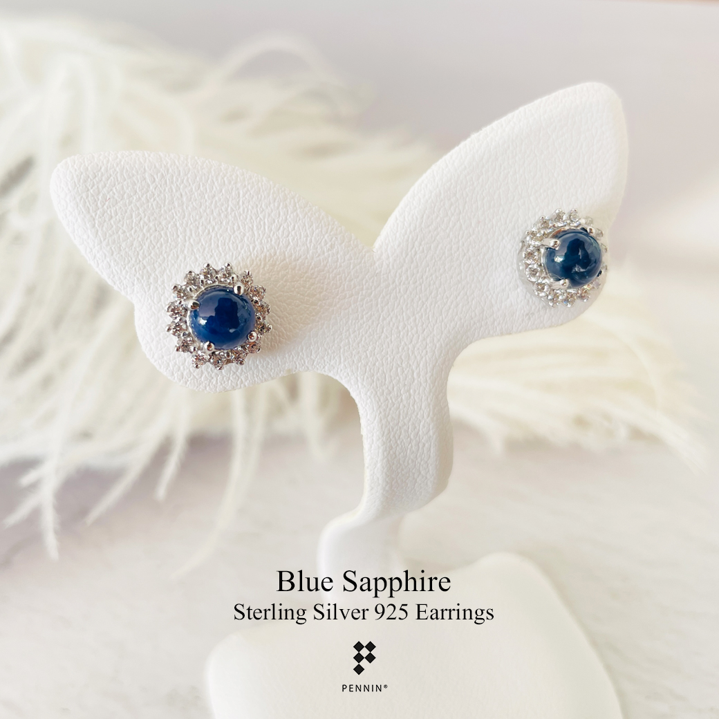 E11720 ต่างหู ไพลิน กาญจน์ หลังเบี้ย 6mm ล้อมเพชร CZ แบบเสียบ เงินชุบทองคำขาว