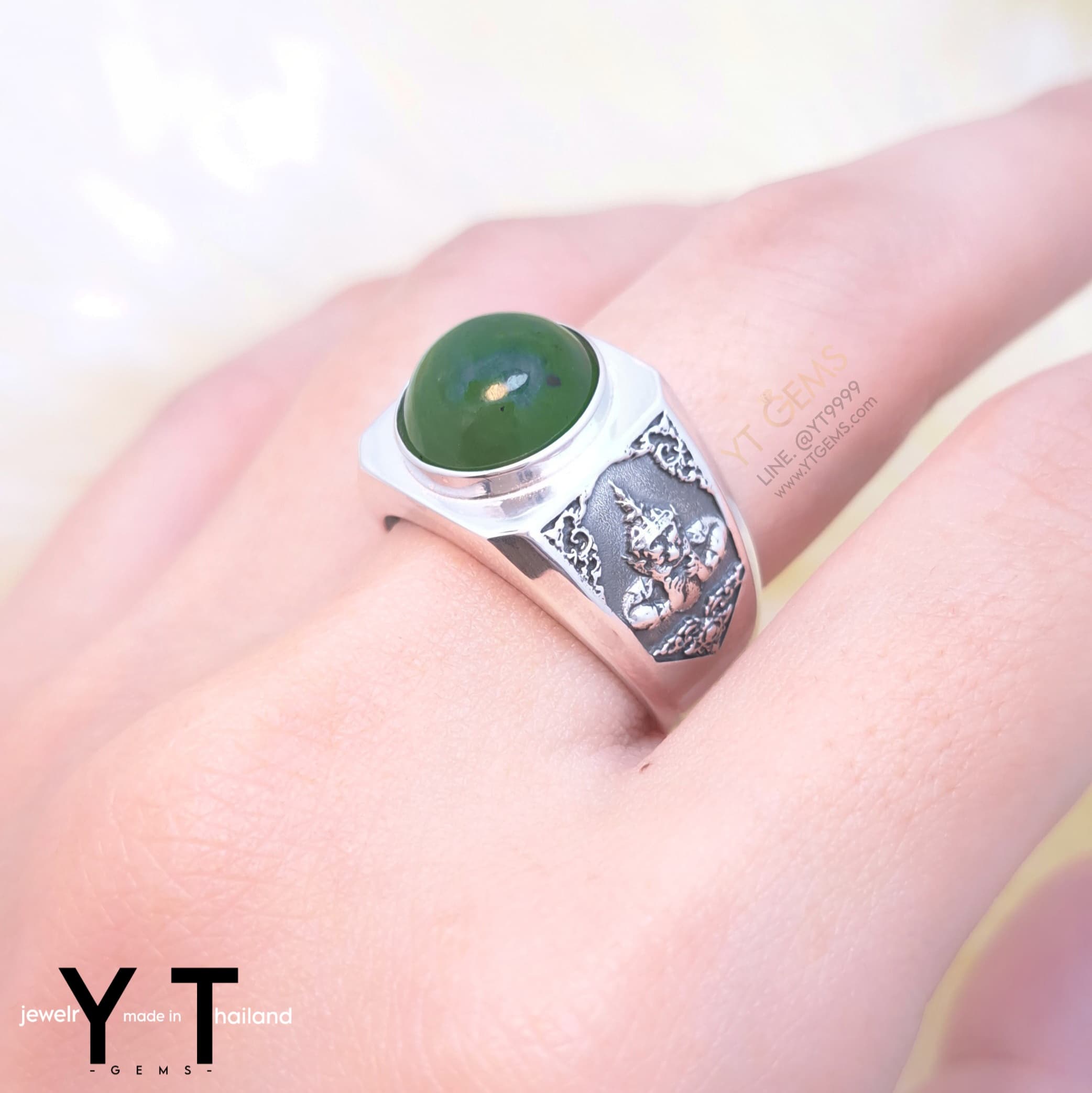 [สำหรับ ราคาส่ง ขั้นต่ำ 5 ชิ้น] แหวน ราหู เงินแท้ รมดำ หยกแท้ (หยกเนฟไฟรต์) YTG-11982-WH YTGEMS 5 ชิ้น