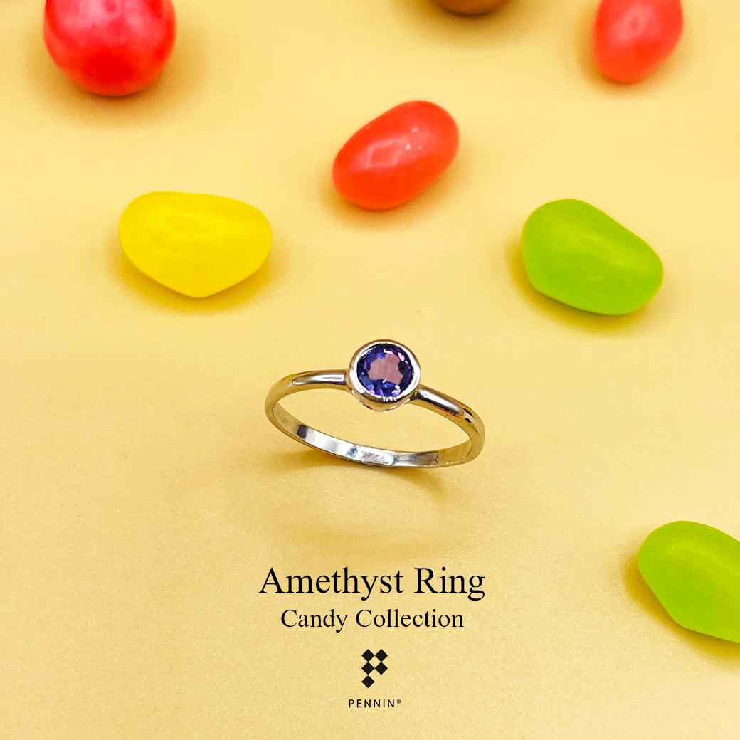 Candy Collection: แหวนอเมทิสต์ (Amethyst) เม็ดเดี่ยว 5mm ฝังหุ้ม เงินแท้ 925 ชุบทองคำขาว