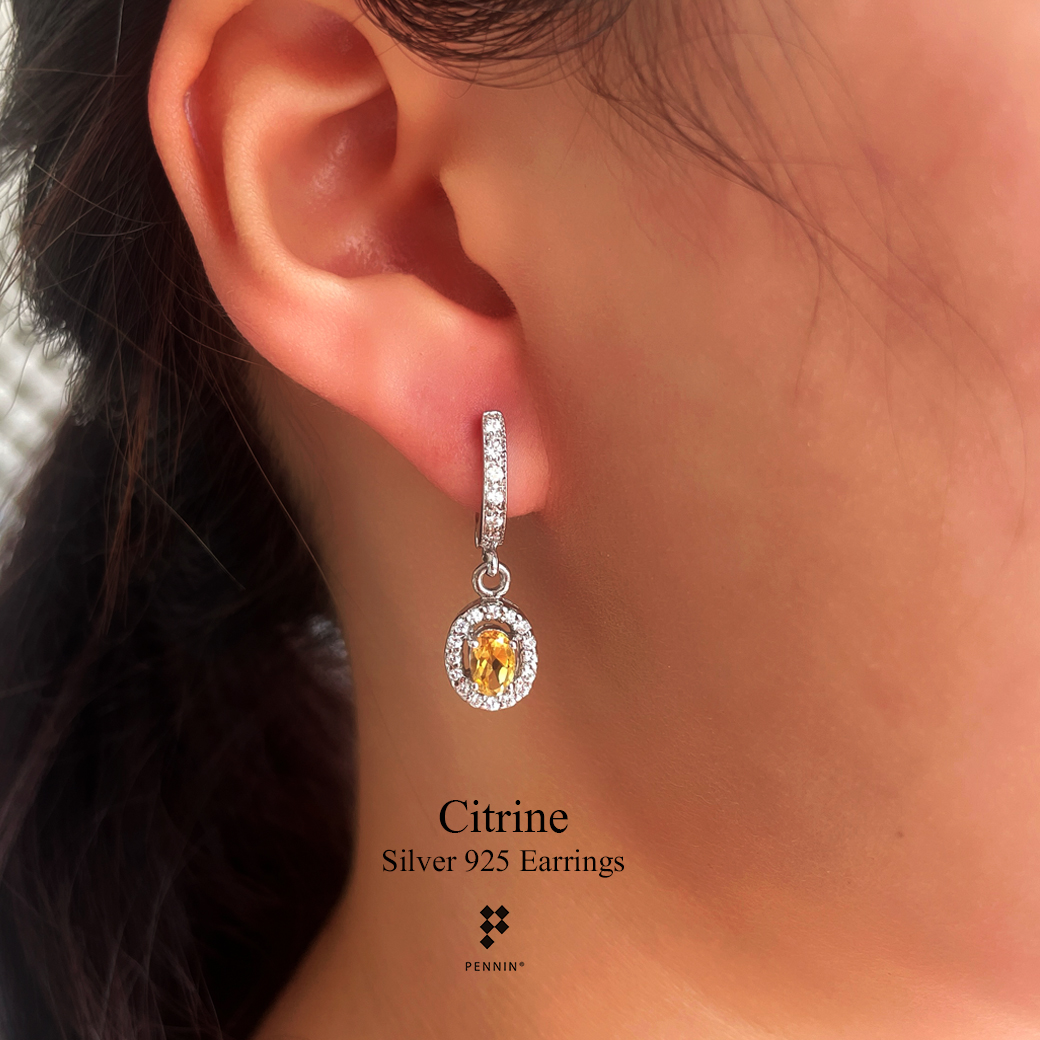 ต่างหูคลิปหางกระรอก เพชรแถวสวิส CZ ห้อยพลอยซิทริน Citrine 6x4mm ล้อมเพชรสวิส CZ เงินแท้ชุบทองคำขาว แบบสวยหรู