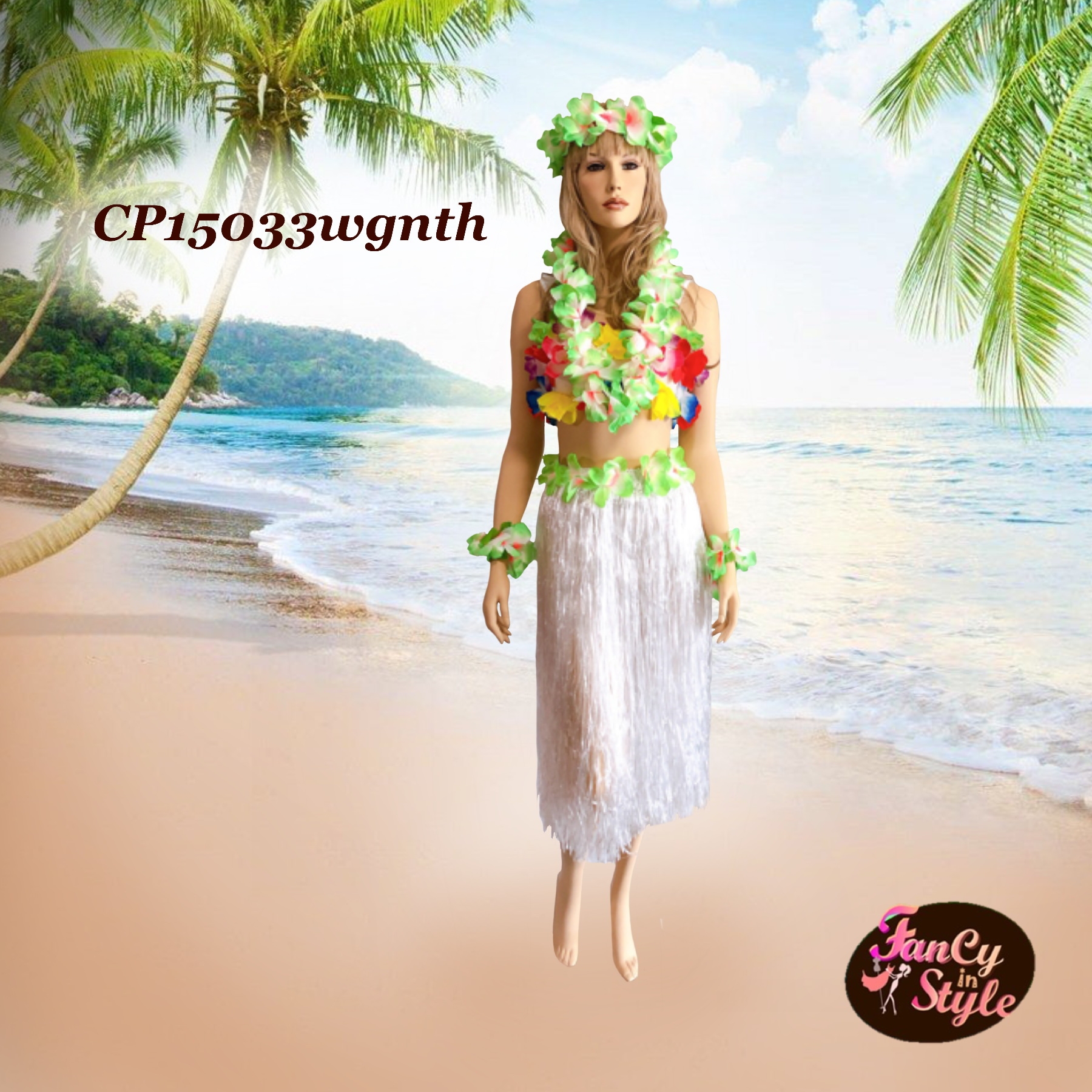 International Costume/Hawaii Costume/กระโปรงฮาวายแบบหนาสีขาวขอบเอวสีเขียว ยาว 30 นิ้วรวมsetมาลัยดอกไม้สีเขียว