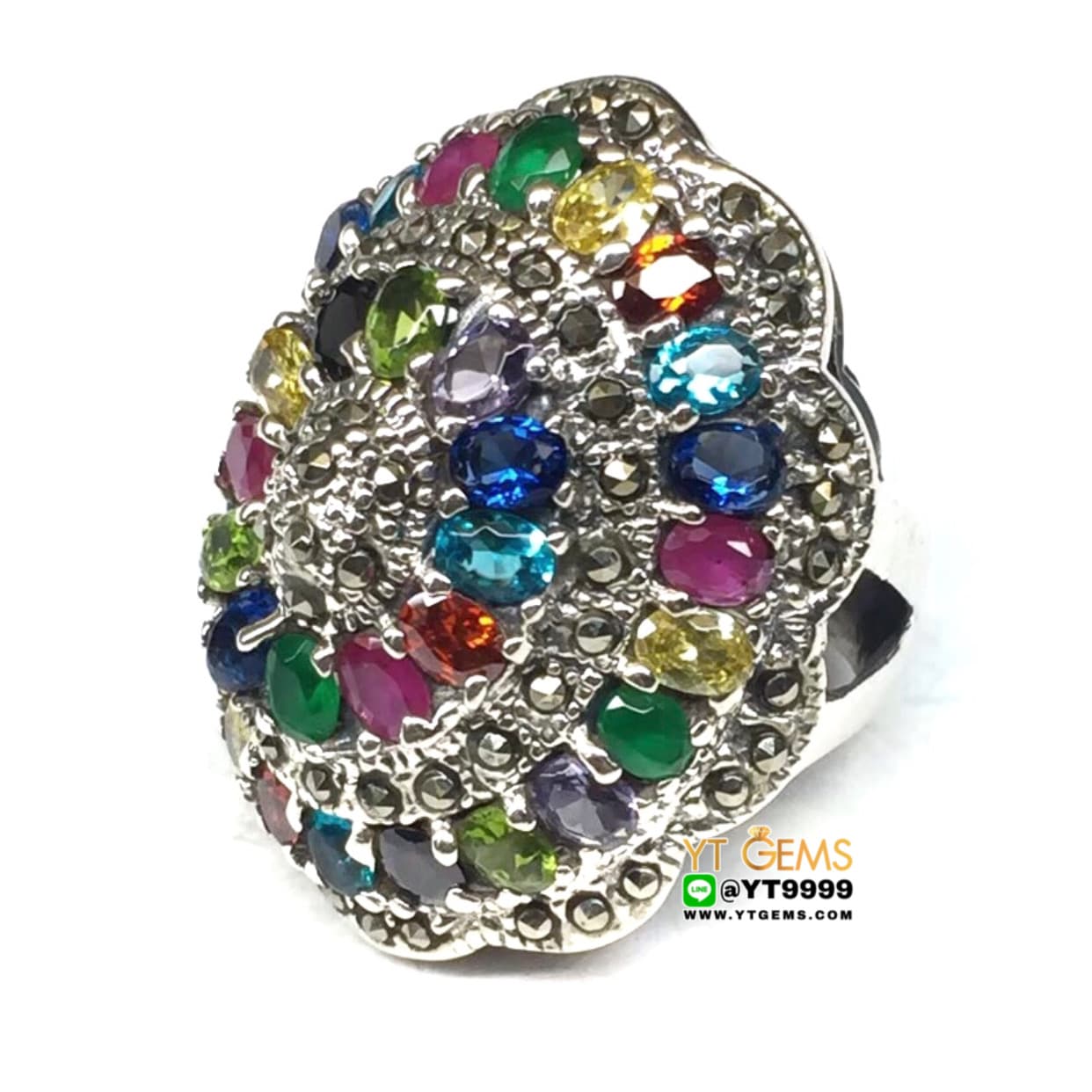 แหวนนพเก้า พลอยหลากสี แหวนเงินแท้ รมดำ พลอยหลากสี (CZ) YTG-4408 YTGEMS
