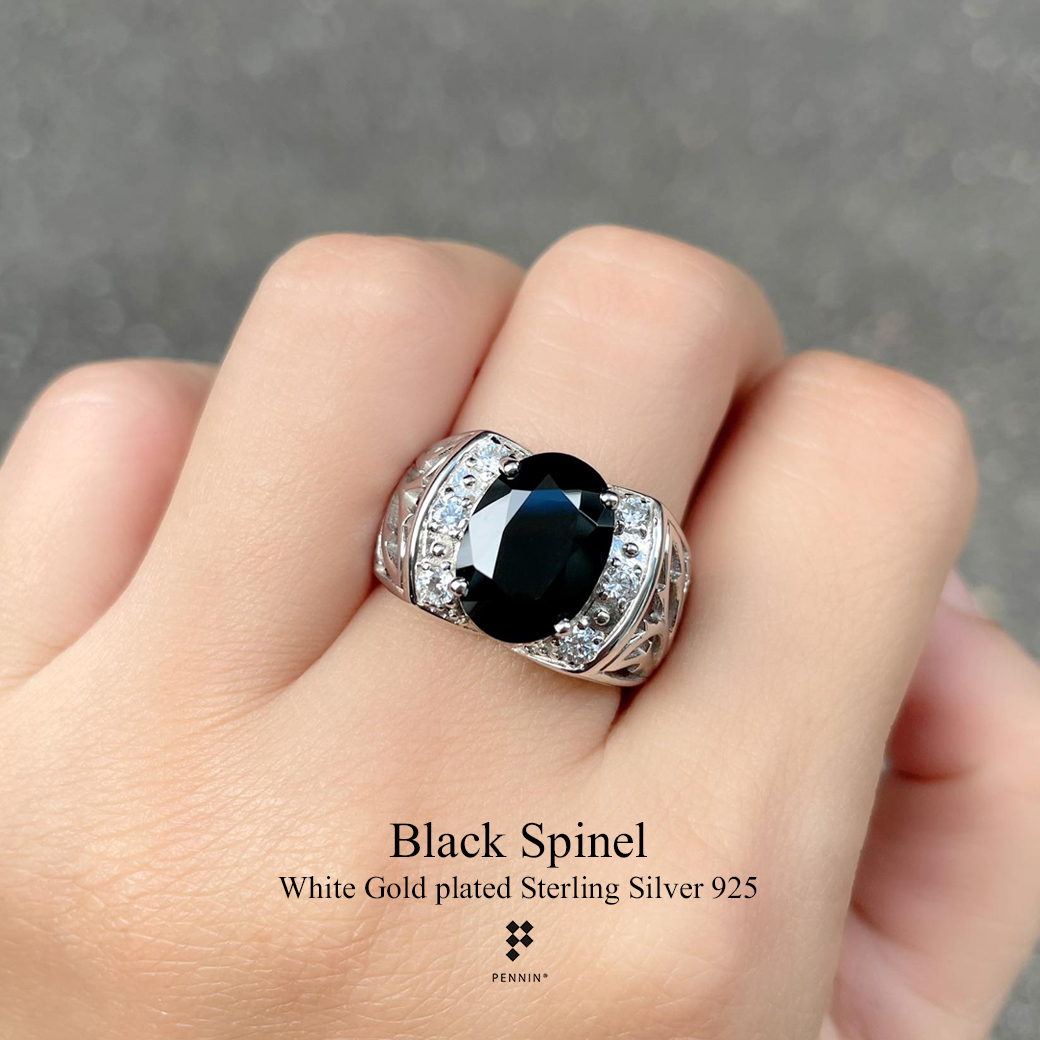 AXION: แหวนพลอยผู้ชาย นิลแท้ กาญจนบุรี ประดับเพชรสวิส CZ ก้านฉลุลายใบไม้ สวยสง่างาม