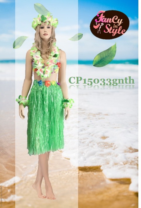 International Costume/กระโปรงฮาวายแบบหนาสีเขียว ยาว 30 นิ้วรวมsetมาลัยดอกไม้