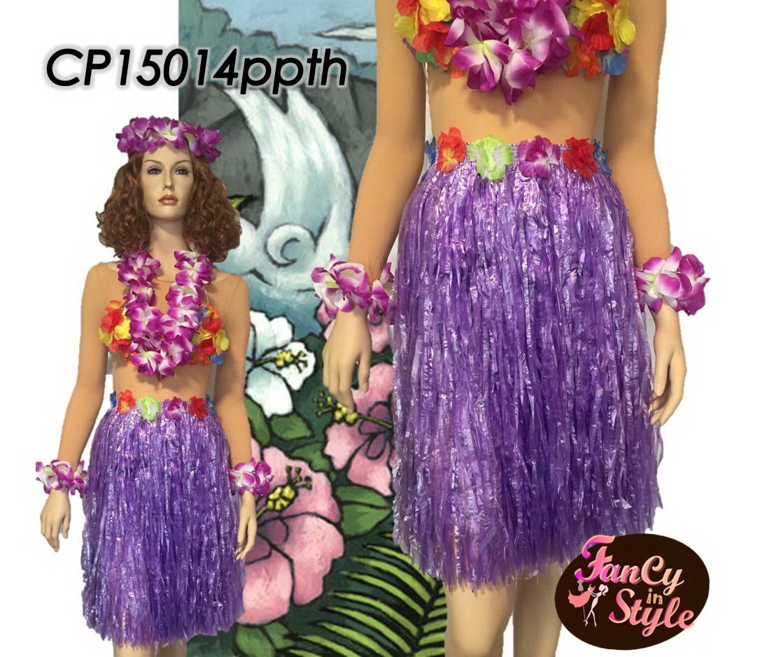 กระโปรงฮาวายอย่างหนา ความยาว 22.5 นิ้ว สีม่วง รวม set มาลัยดอกไม้ 4 ชิ้น/Long Skirt Hawaii Costume with flower set