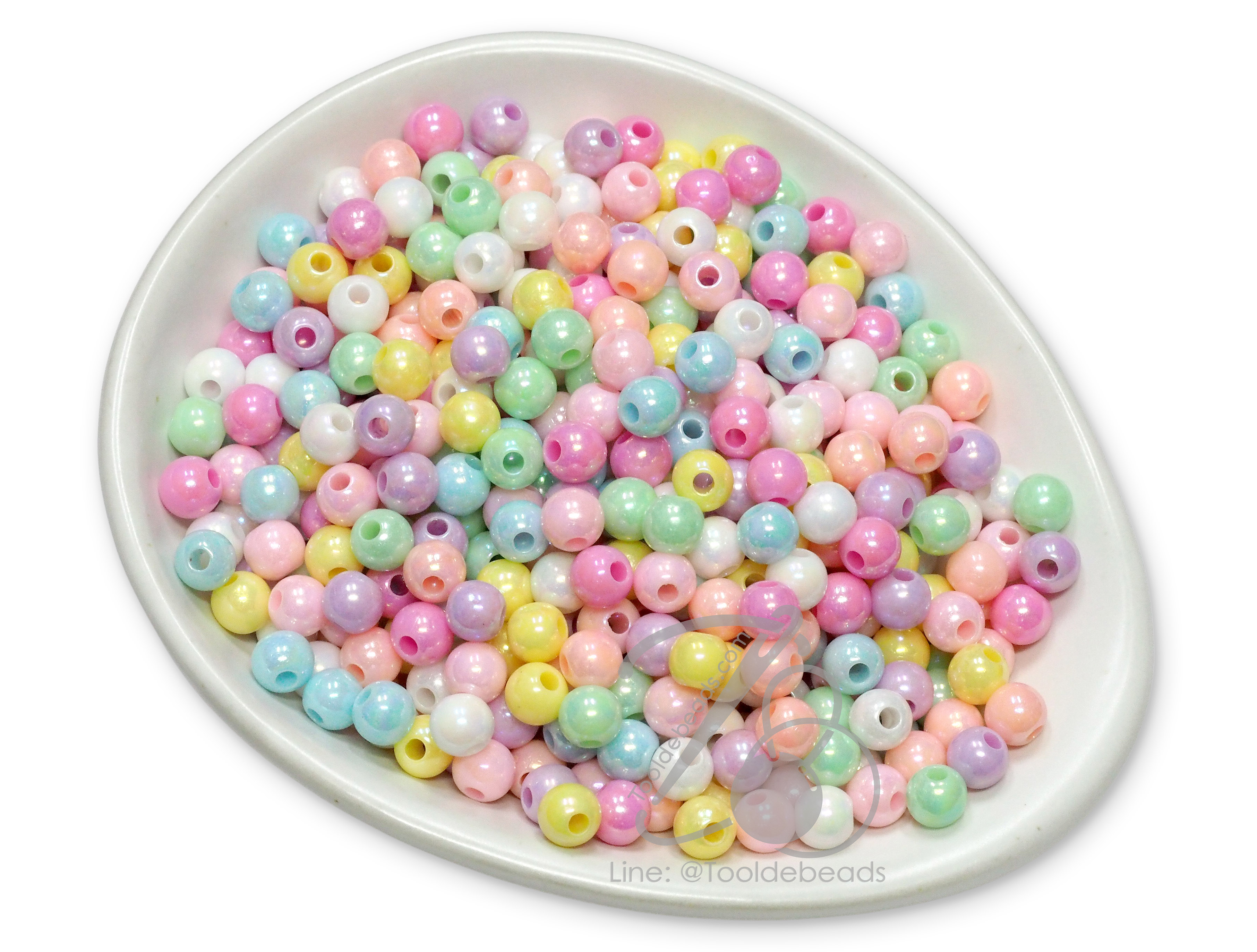 ลูกปัดพลาสติก เคลือบรุ้งหวาน 6มม. ทรงกลม คละสี (80 กรัม) SKU-17279