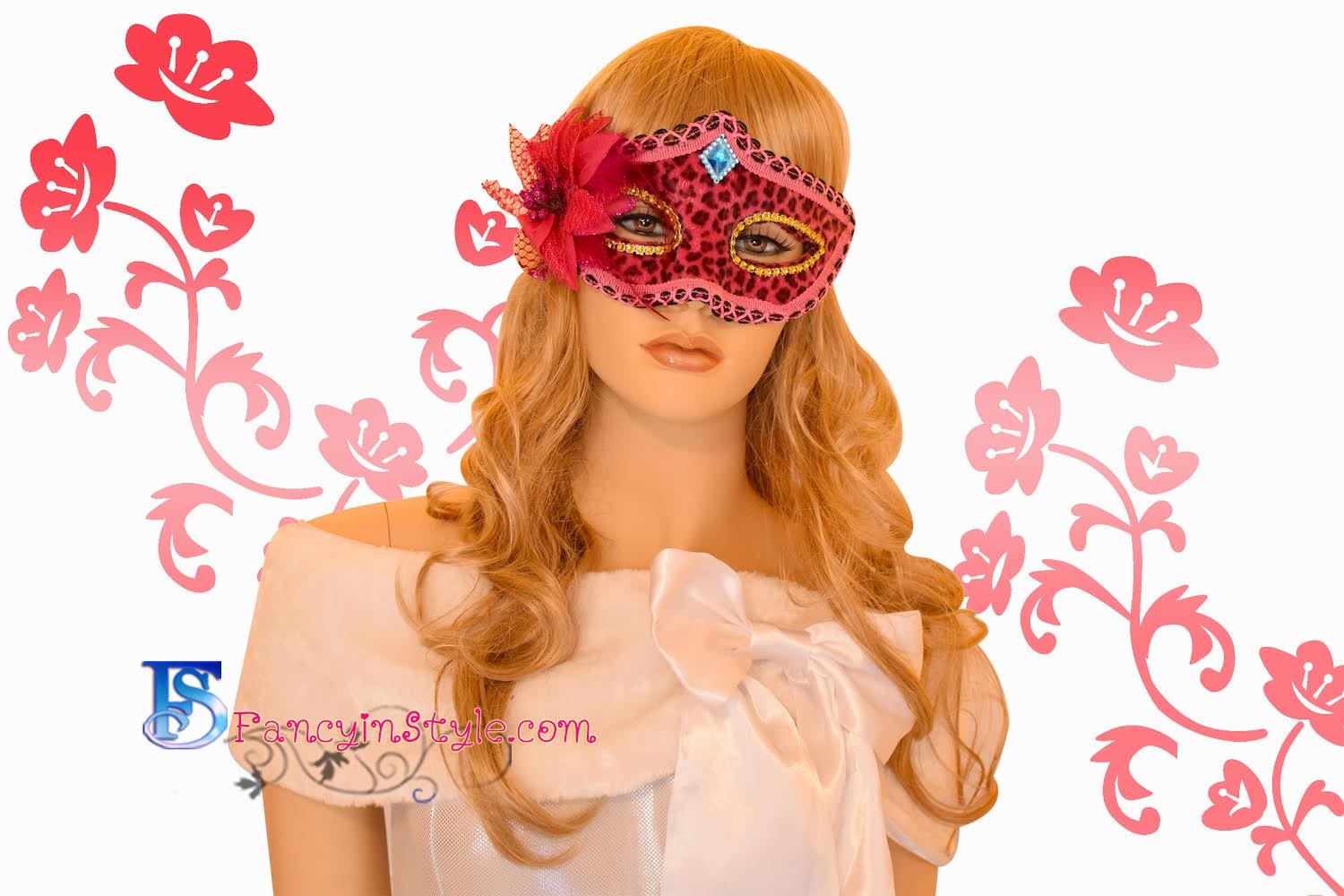 Fancy Mask หน้ากากแฟนซีแต่งดอกไม้และขนนกสีชมพูเข้ม