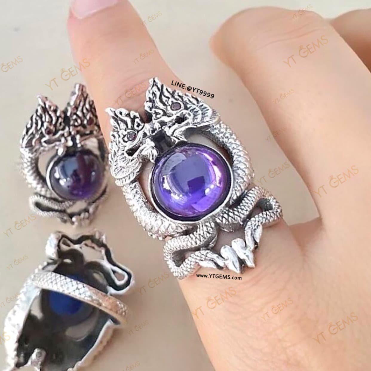 แหวนพญานาคคู่ โอบมณีสีม่วง อเมทิสต์ แหวนเงินแท้ รมดำ พลอย(CZ) YTG-11473 YTGEMS