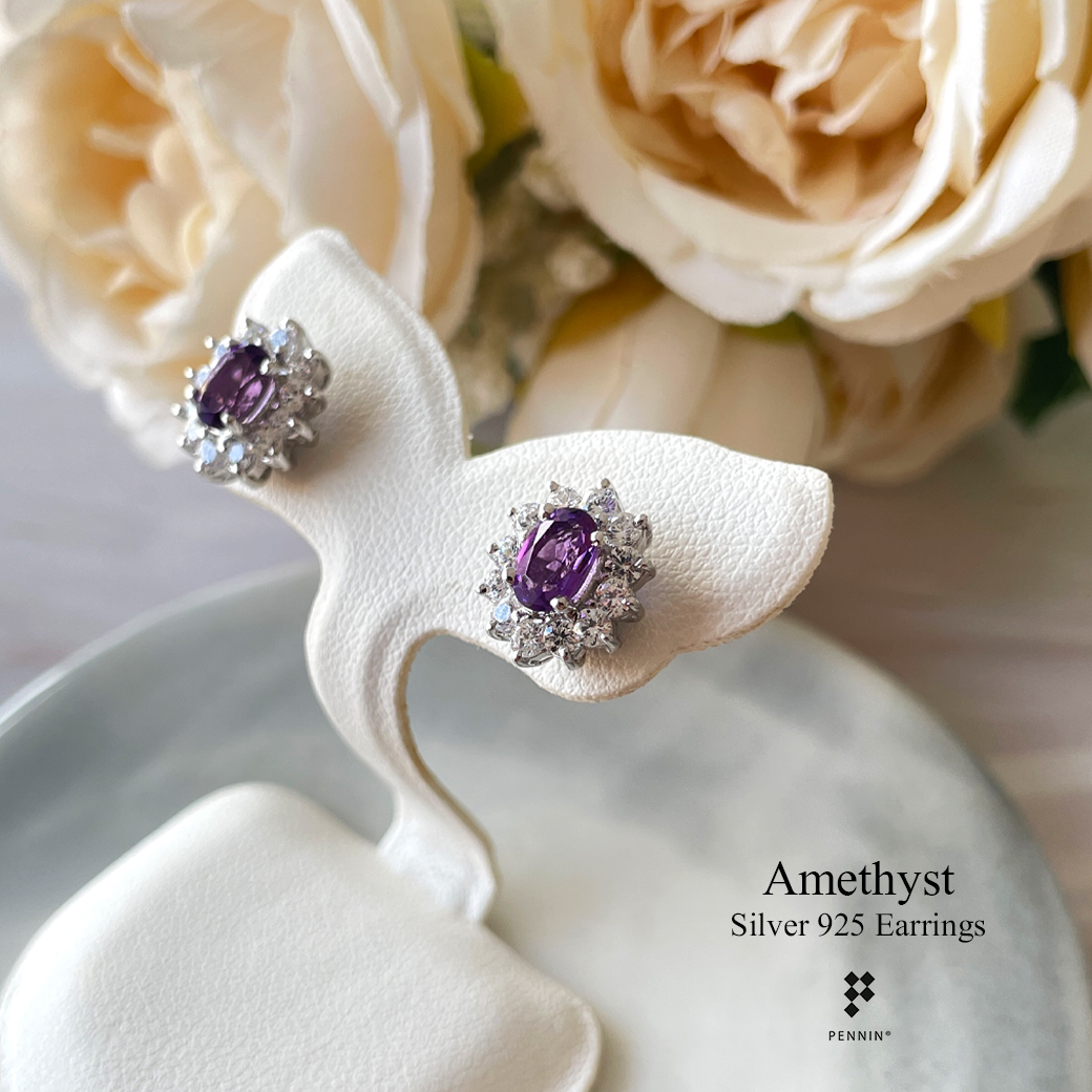 ต่างหู อเมทิสต์ Amethyst 6x4mm ล้อมเพชรสวิส CZ เกรด TOP 6A เงินแท้ชุบทองคำขาว ดีไซน์สวยหรูคลาสสิก