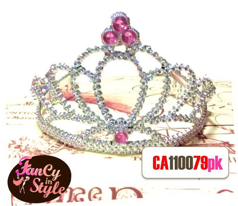 Crown/fancy crown/tiara มงกุฎแฟนซีแต่งคริสตัลสีชมพูขนาดเล็กก้านสีเงิน