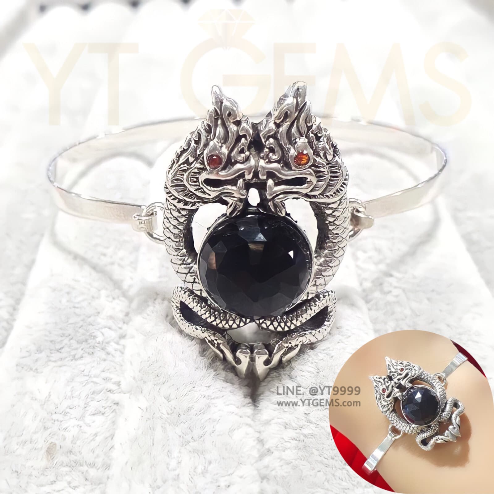 กำไลพญานาคคู่ นาคเกี้ยว โอบนิล กำไลเงินแท้ รมดำ พลอยนิลแท้ YTG-11701 YTGEMS