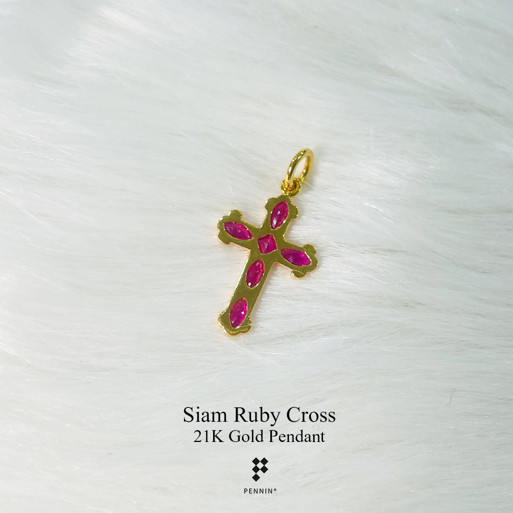 จี้กางเขนทองคำแท้ ประดับพลอยทับทิมสยาม เผาเก่า งานขึ้นมือทอง 90 พลอยแท้จันทบุรี