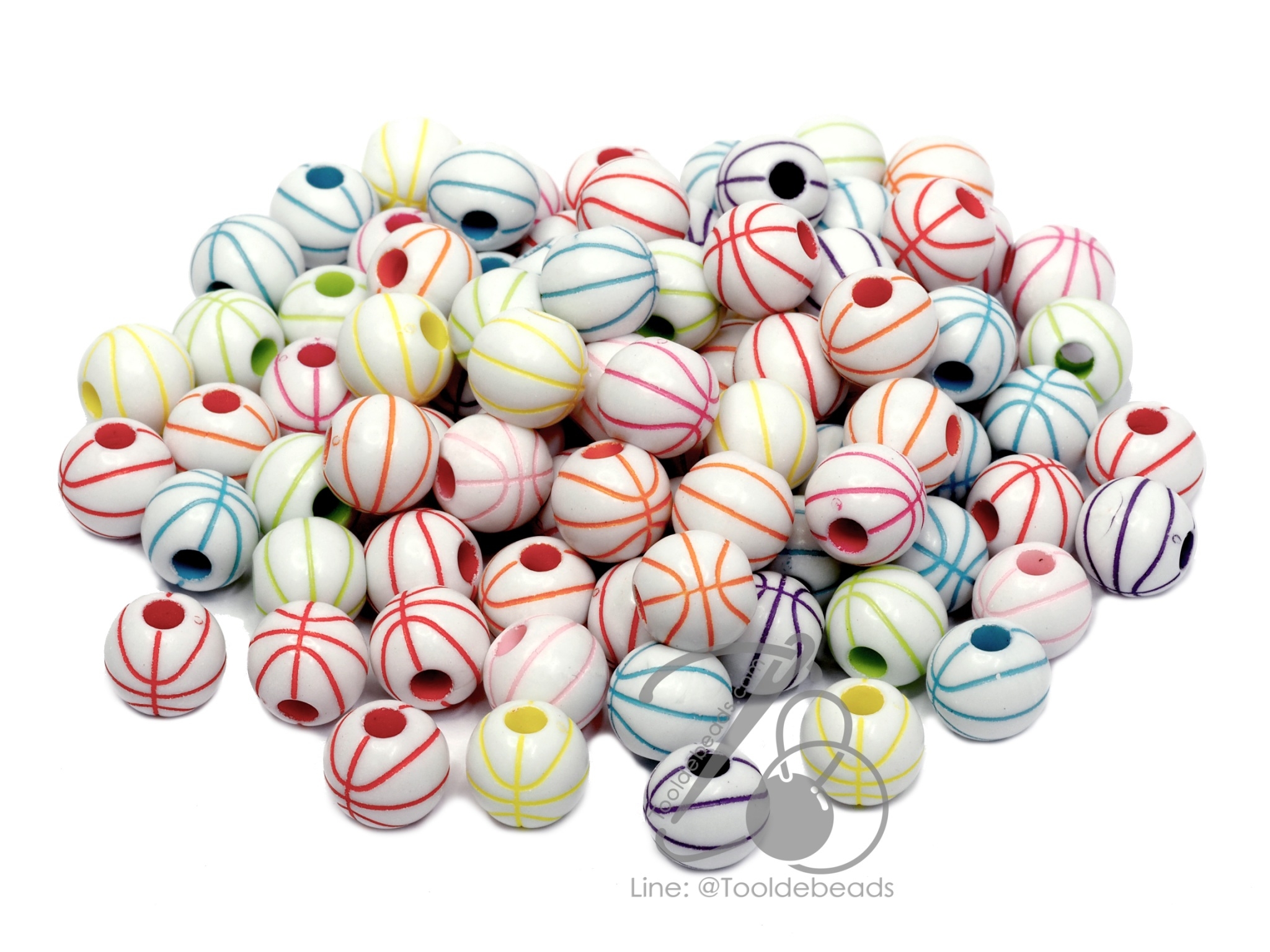 ลูกปัดอะคริลิค 11มม. ลายลูกบาส พื้นขาว คละสีสด (500 กรัม) SKU-09894