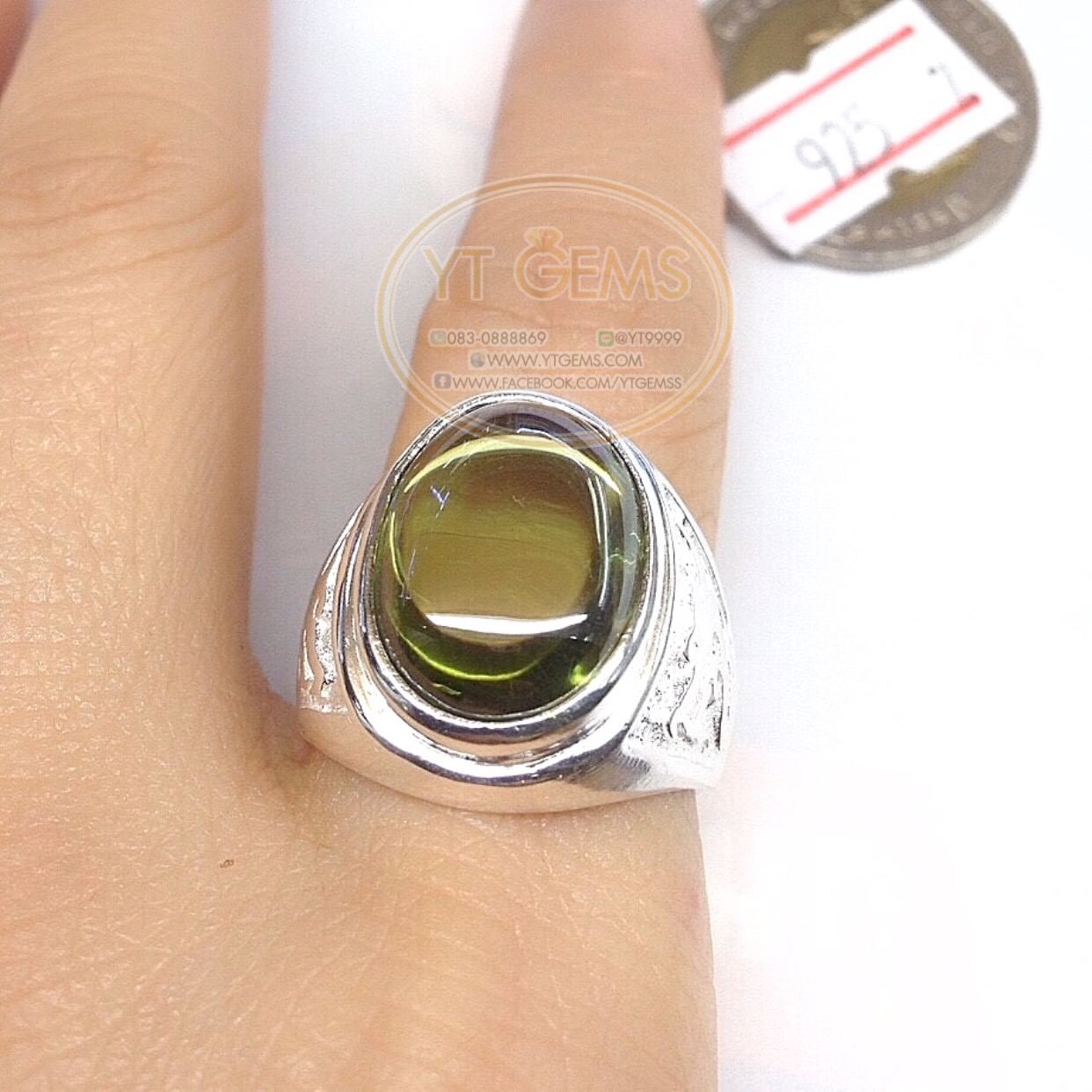 แหวนเงินแท้92.5% ข้างแกะลายมังกร พลอยเขียวส่อง(cz) YTG-5125 YTGEMS