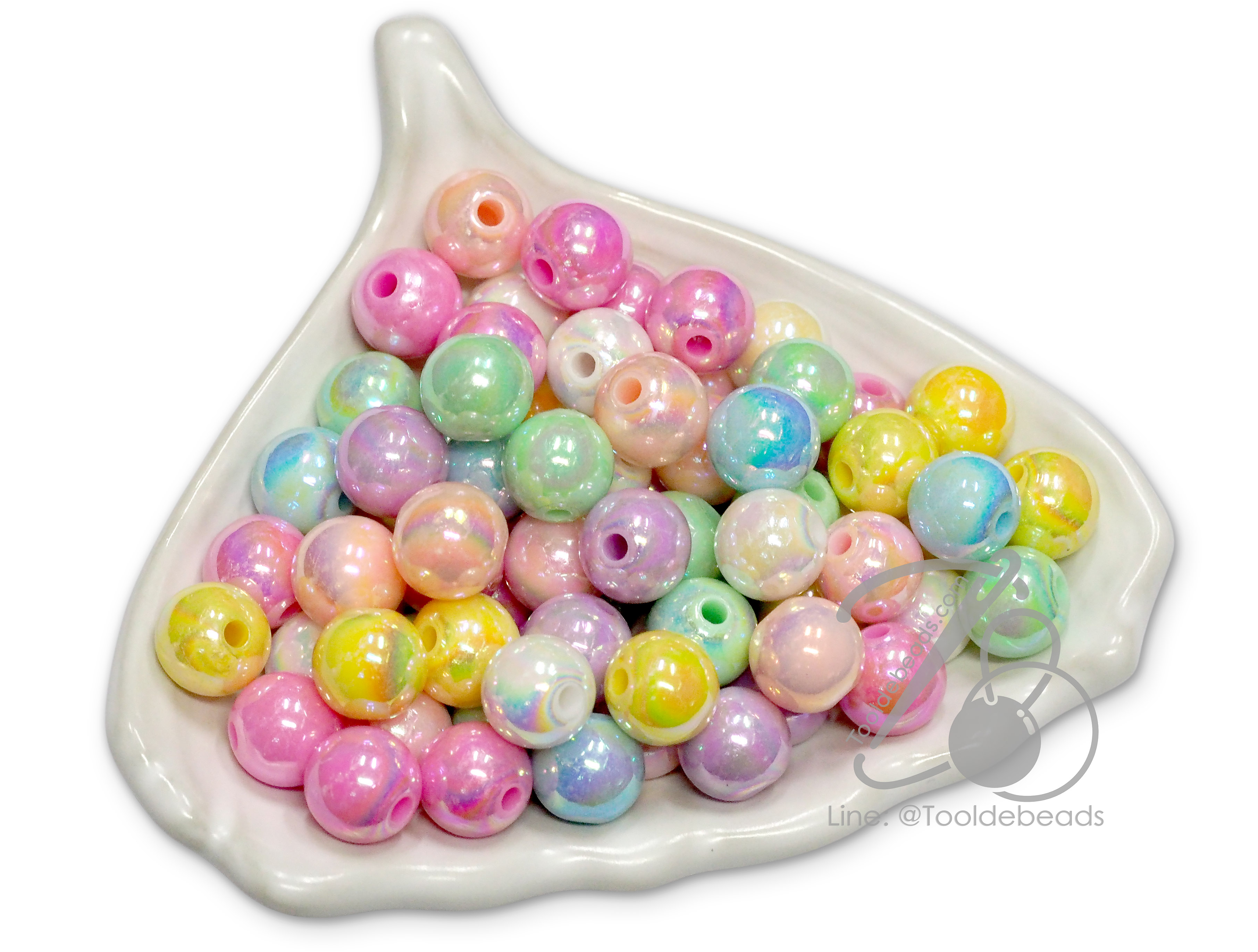 ลูกปัดพลาสติก เคลือบรุ้งหวาน 10มม. ทรงกลม คละสี (80 กรัม) SKU-15569