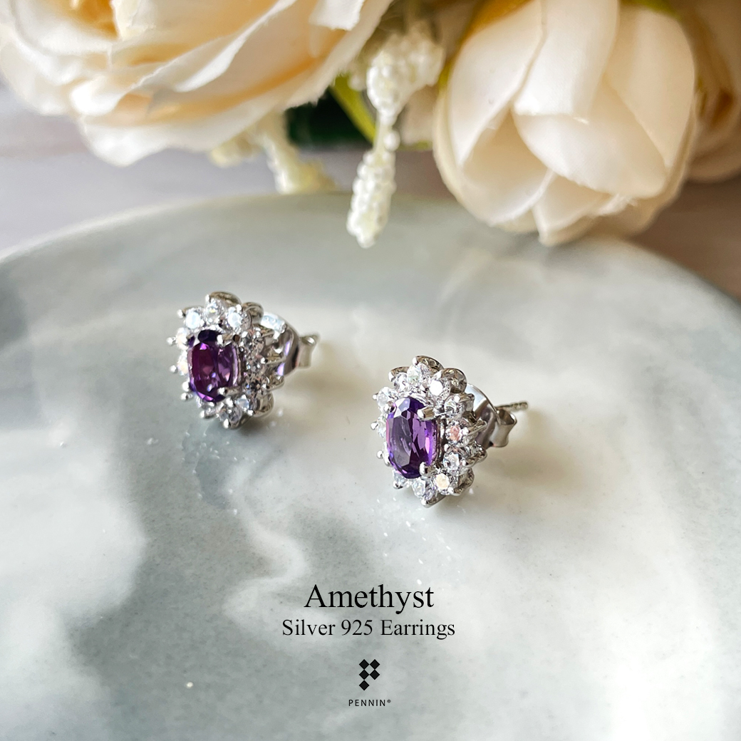 ต่างหู อเมทิสต์ Amethyst 6x4mm ล้อมเพชรสวิส CZ เกรด TOP 6A เงินแท้ชุบทองคำขาว ดีไซน์สวยหรูคลาสสิก