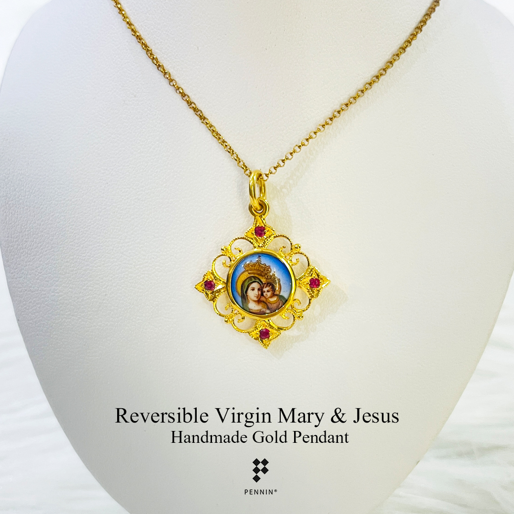 จี้แม่พระกรอบทองกระเบื้องเคลือบอิตาลี แซมทับทิมแท้ รูปแม่พระ และพระเยซู งานขึ้นมือทอง 90