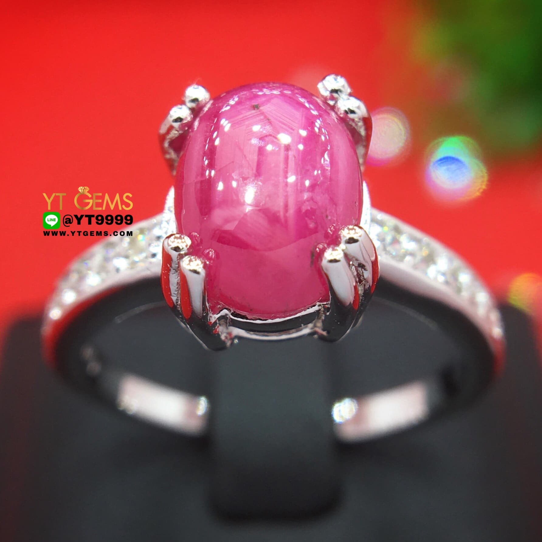 แหวนทับทิมกินบ่เซี่ยง ทับทิมสตาร์ ข้างเพชรSwiss แหวนเงินแท้ 92.5% ชุบทองคำขาว พลอยทับทิมกินบ่เซี่ยงแท้ (เหลือบสตาร์เล็กน้อย) หน้าแหวน 1 ซม. YTG-10513 YTGEMS